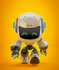 Naklejka premium White android robot toy MOCCO on colorful back walking forward, 3d rendering