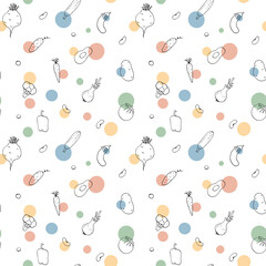 Vegetables seamless pattern. Vegetarian healthy bio food background, Vegan organic eco products pepper, tomato, cucumber, carrot, potato, avocado, beans and peas. Vector illustration