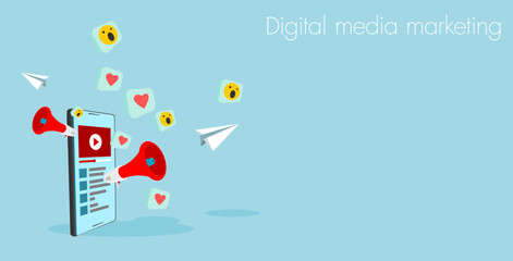 Digital media marketing. Reach people with smartphones using social media. Vector illustration 3D.