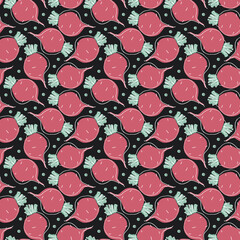 Beetroot Vegetables seamless pattern. Vegetarian healthy bio food background, Vegan organic eco products. Vector illustration