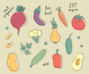 Vegetables seamless pattern. Vegetarian healthy bio food background, Vegan organic eco products pepper, tomato, cucumber, carrot, potato, avocado, beans and peas. Vector illustration