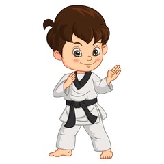 Cartoon little boy practicing karate