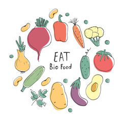 Vegetables seamless pattern. Vegetarian healthy bio food background, Vegan organic eco products pepper, tomato, cucumber, carrot, potato, avocado, beans and peas. Vector illustration