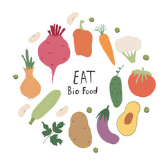 Vegetables seamless pattern. Vegetarian healthy bio food background, Vegan organic eco products pepper, tomato, cucumber, carrot, potato, avocado, beans and peas. Vector illustration