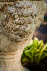 Lion head, antique concrete water fountain.