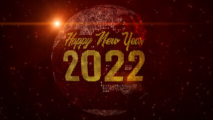 Red Gold Shine Happy New Year 2022 Greeting Text On Square Shines Dotted Globe Earth World Map With Sparkles Stars And Lighting Flare Background