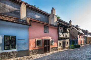Prague, Czech Republic, June 2019 -  view of the famous Golden Lane at Prague Castle's Complex by the morning