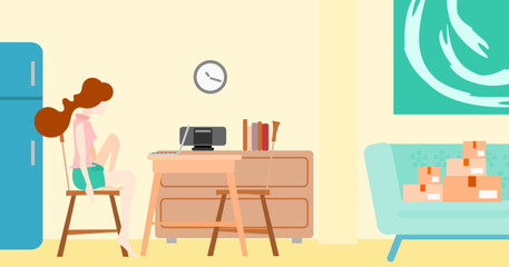 Online sales lady in her room. Vector illustration, flat design style. Business and online trade