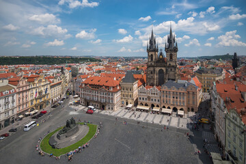 Prague, Czech Republic, June 2019 - broad view of the Old Town Square from a viewpoint at Prague's...