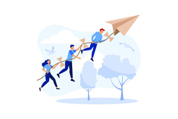 achievement concept, a company of people holding on to a thread from a paper plane, move towards the goal. flat design modern illustration
