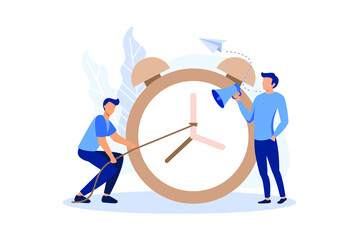 the alarm clock is ringing on a white background,
the concept of working time management, quick response to awakening transfer of time back vector, flat design modern illustration
