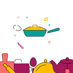 Covered frying pan filled line vector icon, simple illustration, related bottom border.