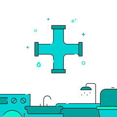 Pipe cross filled line vector icon, simple illustration, Plumbing related bottom border.