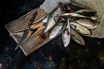 Seafood. Sea perch lie on a wooden table close-up.