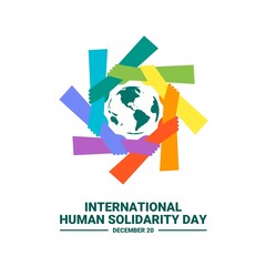 Vector illustration, colorful hands holding each other, as a banner or poster, International Human Solidarity Day.