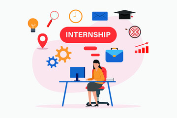 Internship vector concept. Female college student working with a computer while sitting in the office with internship word background