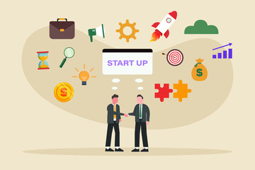 Startup vector concept. Two businessmen shaking hands together with startup word background