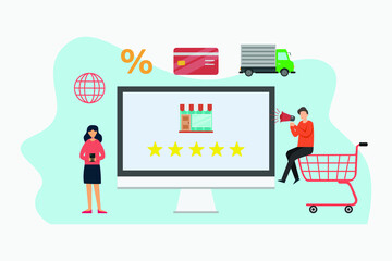Survey vector concept. Two young people giving shop review to doing promotion while using a cellphone and megaphone