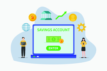 Savings account vector concept. Two young people using digital device apps to opening savings account while standing with laptop