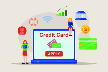 Credit card vector concept. Two young women using a laptop to applying credit card with money background