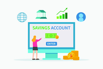 Savings account vector concept. Young woman opens her savings account on the computer monitor while standing with money