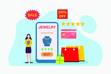 Jewelry store vector concept. Young woman using a cellphone to buying jewelry while standing with shopping bags