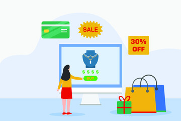 Jewelry store vector concept. Young woman using a computer to buying jewelry while standing with shopping bags