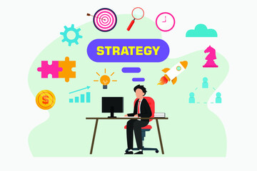 Strategy vector concept. Young businessman using a computer while working in the office with strategy word background