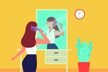 Preparation vector concept. Young businesswoman combing her hair and looking at mirror while getting ready before going to work