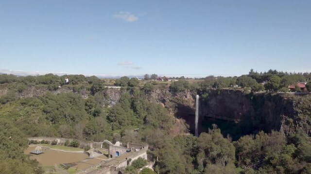 Waterfall from the basalt prisms geological formation, Zip Line, San Miguel Regla, Mexico 1