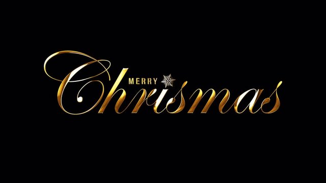 Merry Christmas golden text banner loop animation isolated word on blak background using QuickTime Alpha Channel ProRes 4444. 4K 3D rendering seamless loop Merry Christmas word isolate effect
