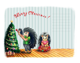 A family of hedgehogs is celebrating Christmas and decorating the tree. Watercolor greeting card.