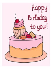 Happy Birthday Vector Card with Colorful Cake.. Cute Praty Cake. Vector illustration