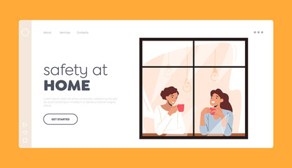Naklejka na ściany i meble Safety at Home Landing Page Template. Young Women Looking Through the Window of Home Drinking Coffee or Tea