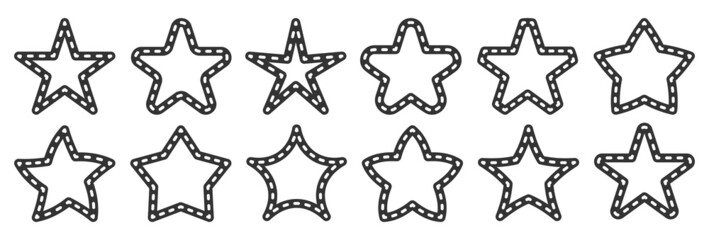 Star black rating stripe icon flat set. Object needlework fabric design. Stamp sticker clothing design machine stitching. Quality symbol simple modern sleek badge different shape isolated on white