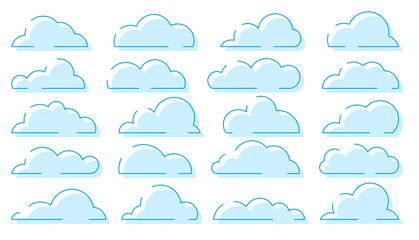 Cloud blue silhouette set. Cartoon clear weather symbol game app widget website interface. Meteorology wallpaper splash element cloudless. Blank form nodding shape postcard book advertising isolated