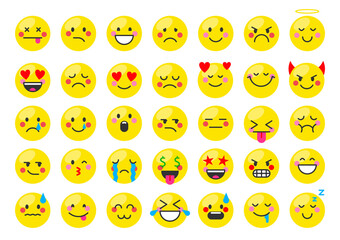 Emoji face emoticon mood web badge yellow flat set. Cheerful and sad emotions of social network messenger website. Expression of sadness joy anger love cute round shape chat sticker isolated on white