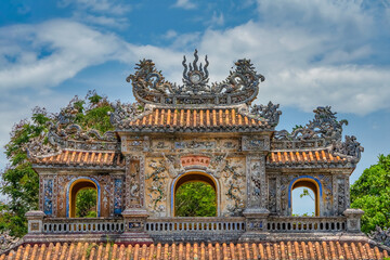 Wonderful view of the “ Gate of Hue Citadel “ to the Imperial City with the Purple Forbidden City within the Citadel in Hue, Vietnam. Imperial Royal Palace of Nguyen dynasty in Hue. Hien Nhon gate