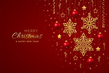 Fototapeta na wymiar Christmas red background with hanging shining golden snowflakes balls and stars. Merry christmas greeting card. Holiday Xmas and New Year poster, web banner. Vector Illustration.