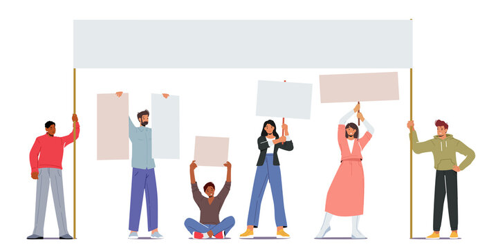 Angry People with Placards on Rally Demonstration, Strike. Male or Female Characters Holding Empty Placards, Banners