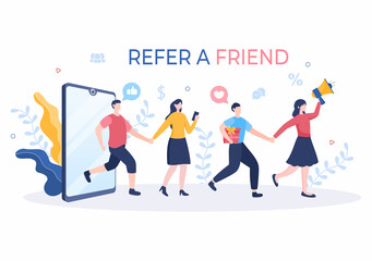 Refer a Friend Flat Design Illustration with Megaphone on Screen Mobile Phone and Social Media Marketing for Friends via Banner, Background or Poster