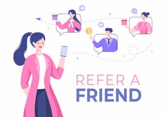 Refer a Friend Flat Design Illustration with Megaphone on Screen Mobile Phone and Social Media Marketing for Friends via Banner, Background or Poster