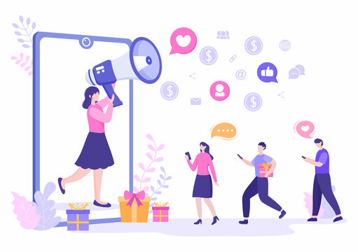 Refer a Friend Flat Design Illustration with Megaphone on Screen Mobile Phone and Social Media Marketing for Friends via Banner, Background or Poster