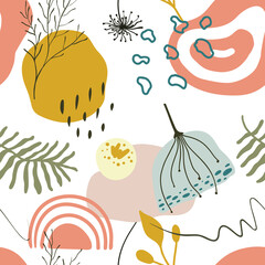 A simple modern abstract seamless pattern with flowers, simple figures, botanical elements, and line art objects. 