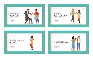 Parenthood or Childhood Landing Page Template Set. Loving Parents with Children, Mother and Father Characters with Baby