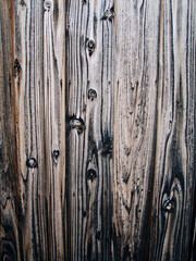 Old burned wood wall of ancient Japanese housing texture. 日本の昔ながらの焼き杉板の塀。
