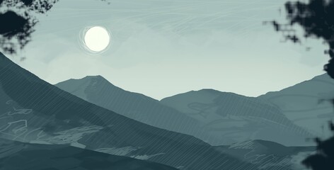 Empty winter rural landscape illustration. Alien world space art. © Jakub