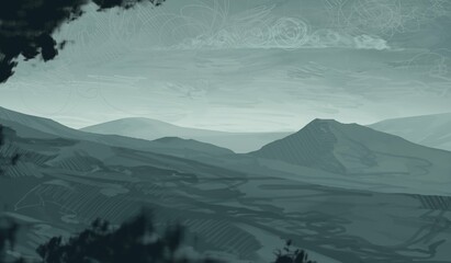 Empty winter rural landscape illustration. Alien world space art. © Jakub