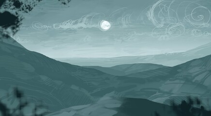 Empty winter rural landscape illustration. Alien world space art. © Jakub