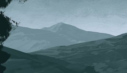 Empty winter rural landscape illustration. Alien world space art. © Jakub